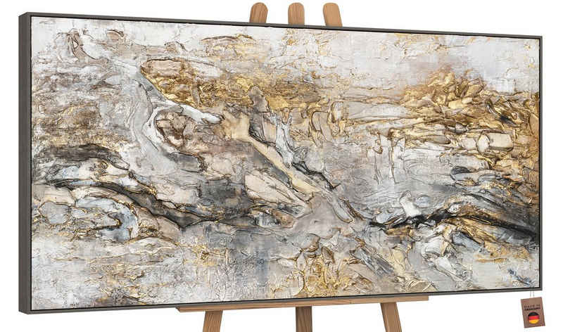 YS-Art Gemälde Klassik, Schwarz Weiß Gold auf Leinwand Bild Handgemalt Abstrakt mit Rahmen