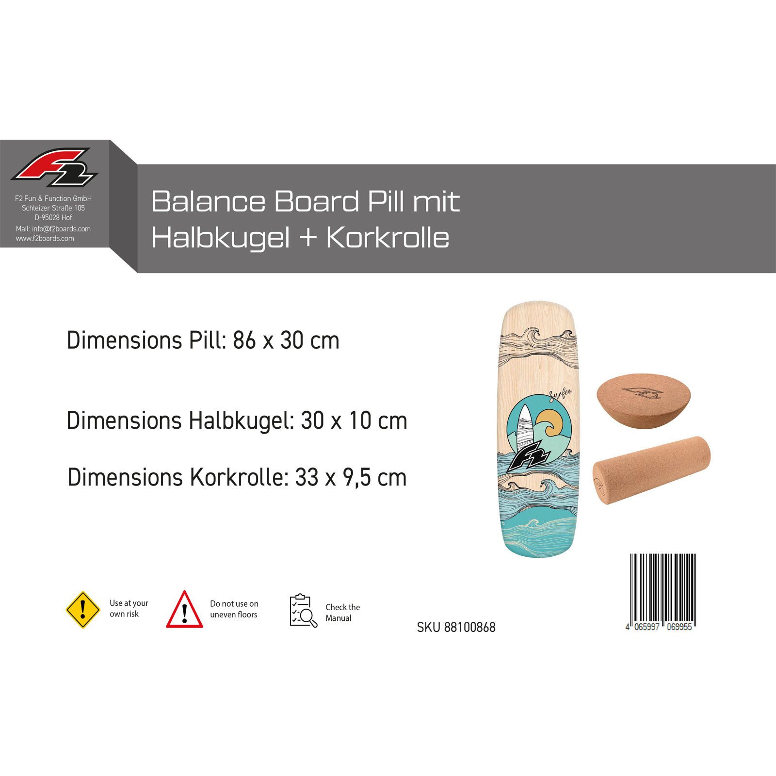 F2 Balanceboard F2 Set Balance Board Pill 86x30cm + Halbkugel und Korkrolle