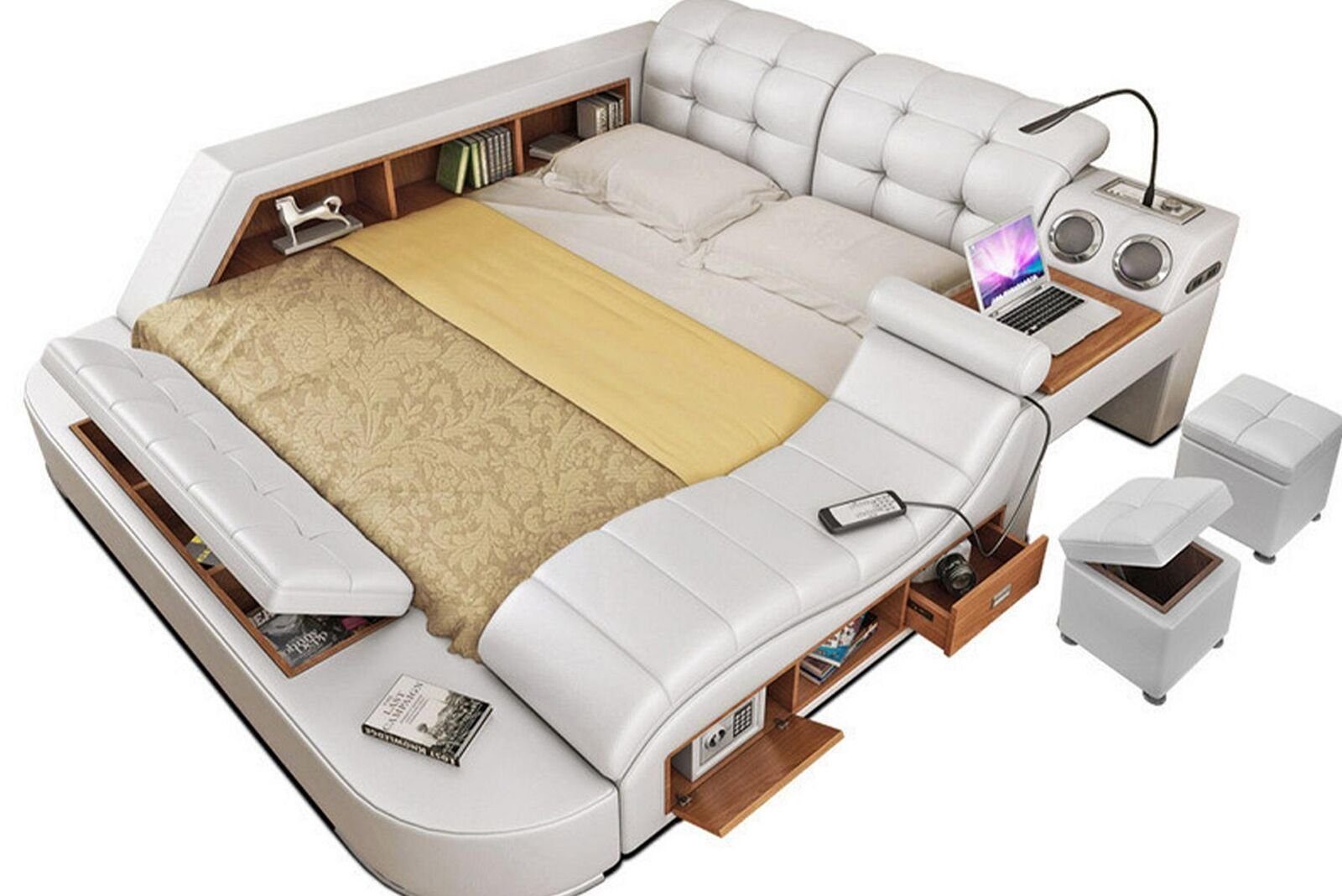Design (1-tlg., Neu 1x Couchtisch), Multimediabett JVmoebel 180x200 Multifunktionsbett in Chesterfield Weiß Europa ohne Made Luxus Doppel Bett Bett