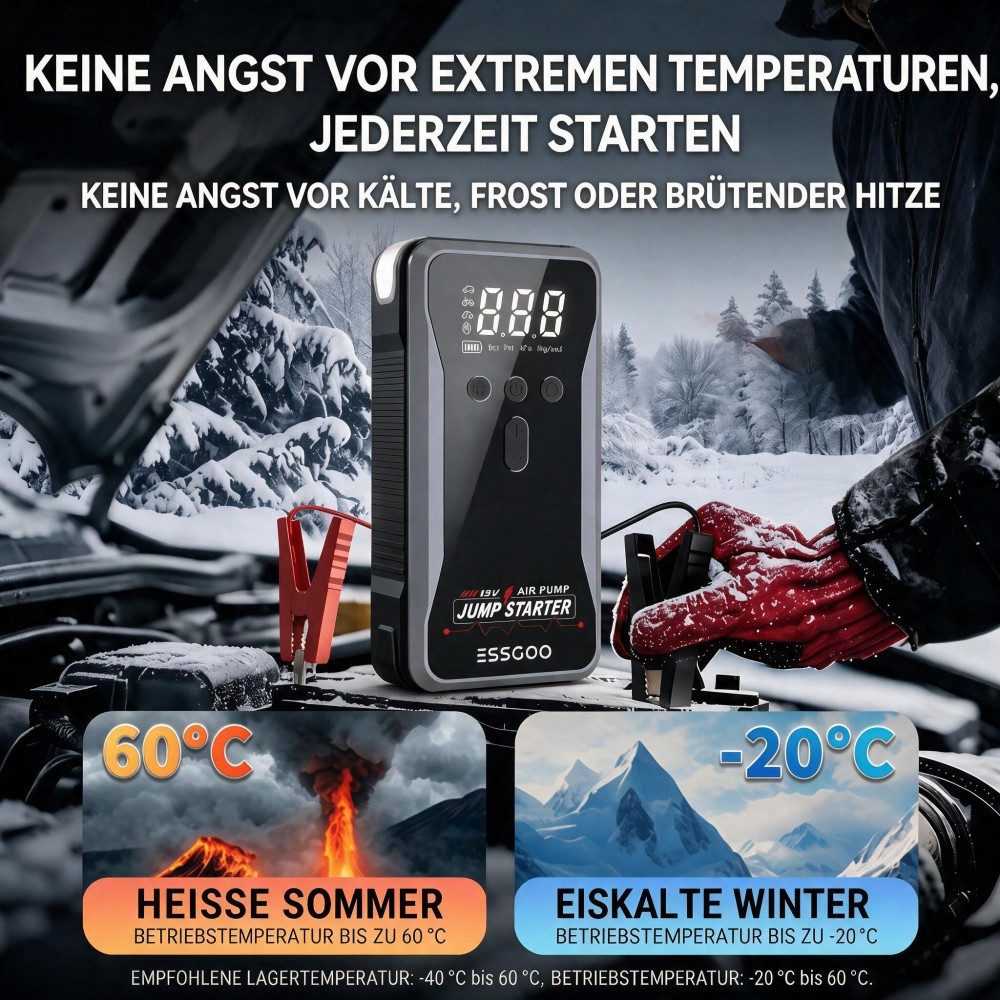 ESSGOO 5000A 12V Auto Starthilfe Powerbank 150PSI Kompressor Starthilfegerät Autobatterie-Ladegerät (18000mAh, LED-Leuchte, 9L Benzin Oder 8L Diesel, -20°C bis  – Bild 4 von 5