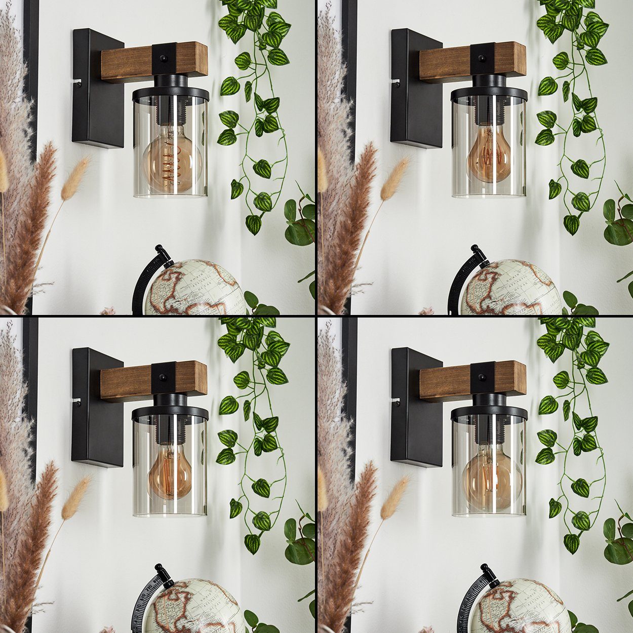 hofstein Wandleuchte »Ramera« Wandlampe aus Metall/Holz/Glas in Schwarz/Natur/Rauchfarben, ohne Leuchtmittel, Leuchte m. Schirm aus Echtglas im Retro/Vintage Design, 1xE27