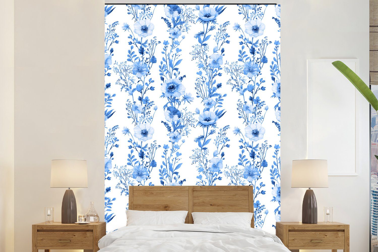 MuchoWow Fototapete Blumen - Pflanzen - Blau, Matt, bedruckt, (3 St), Montagefertig Vinyl Tapete für Wohnzimmer, Wandtapete