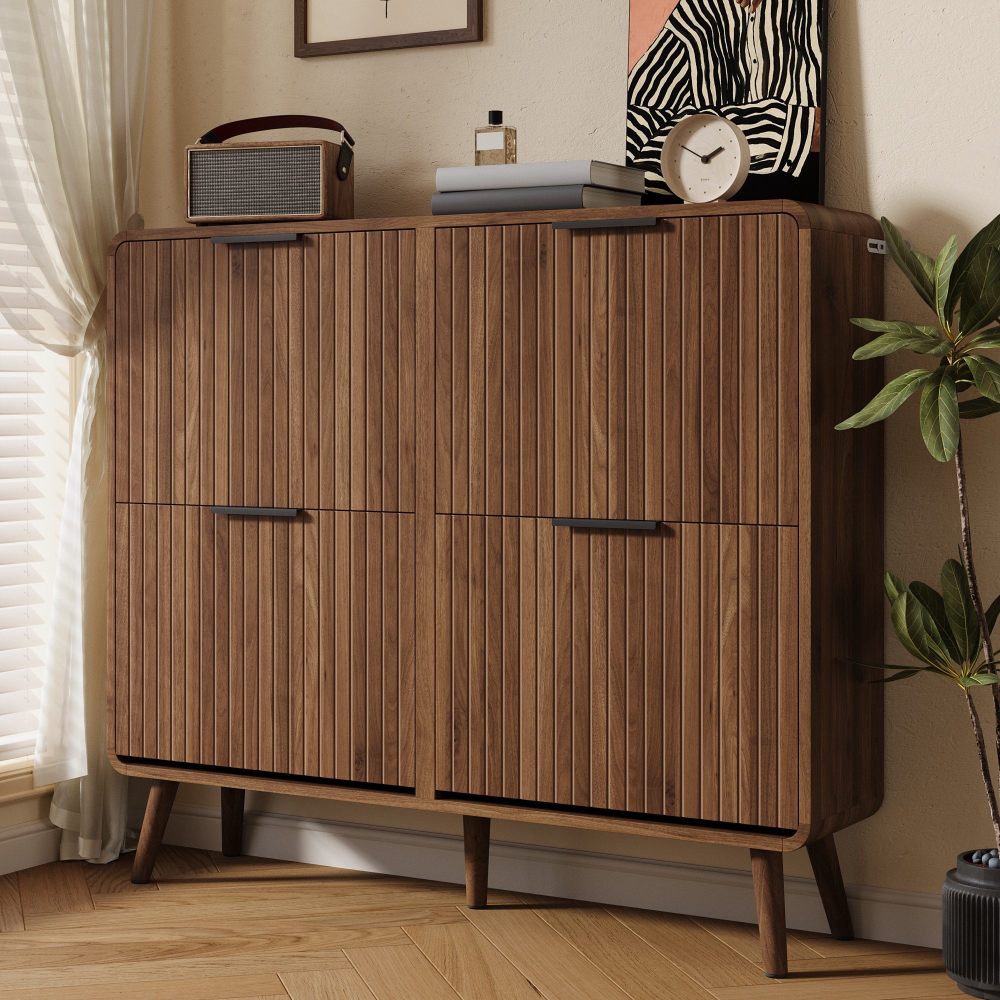 Merax Schuhschrank in Walnussholz-Optik, Flurschrank mit Massivholzbeinen (105 x 24 x 90 cm, 1-St., Schuhregal für 18–24 Paar Schuhe) Schuhkommode mit Klapptüren, doppelstöckiges Design & Stauraum