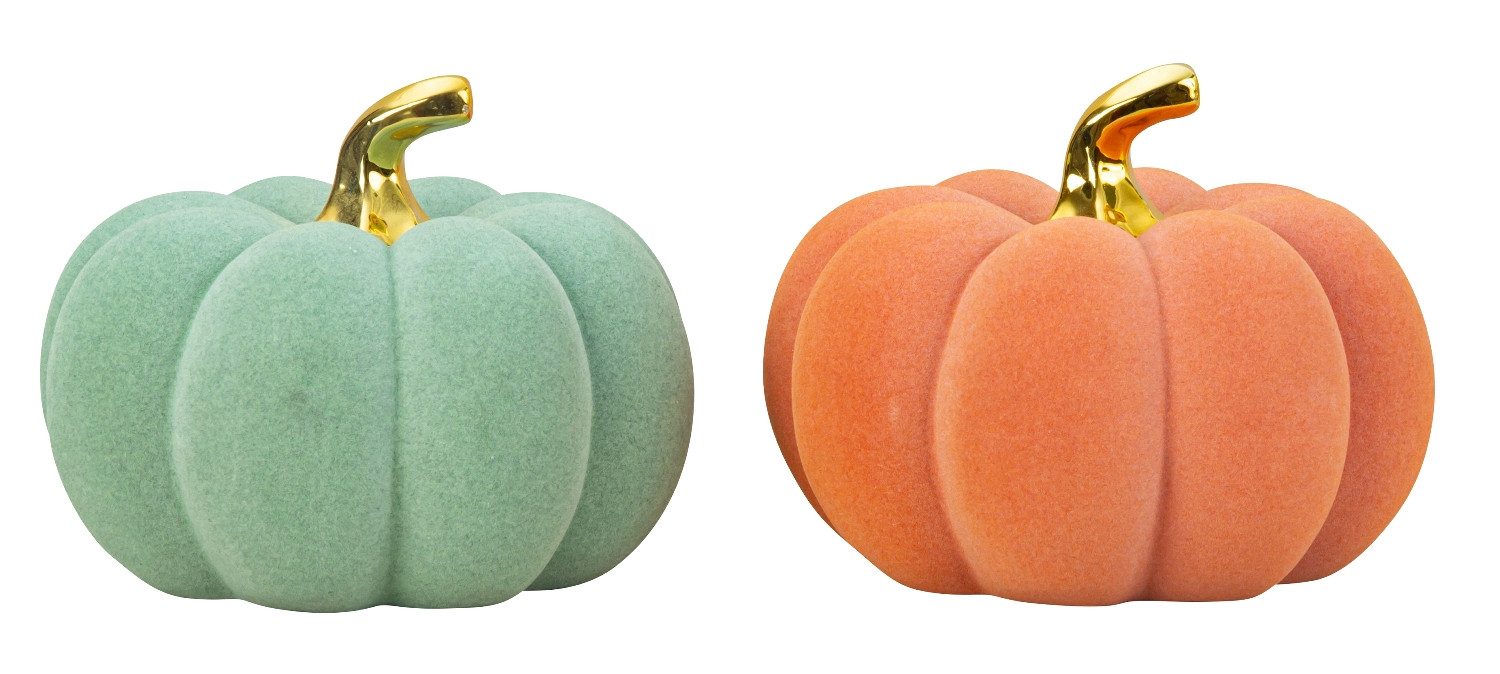 MF Dekoobjekt Kürbis Skulptur Cozy Orange Mintgrün Samtoptik 19cm Halloween Dolomit (2 St)