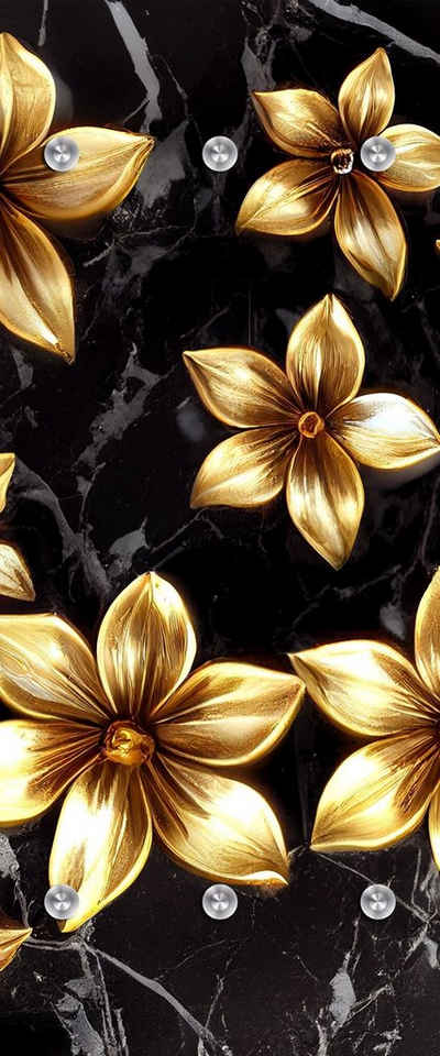 queence Wandgarderobe Goldene Blumen - Gold/Schwarz - Garderobe aus hochwertigem Acrylglas (1 St), 50x120 cm - mit Edelstahlhaken