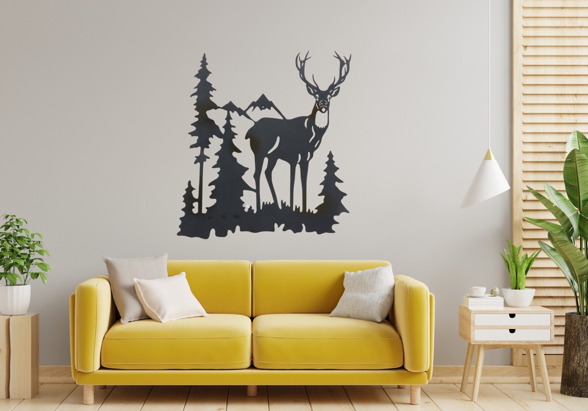 Wanddekoobjekt LED Wandobjekt Hirsch im Waldblick – Schwarzes Metall Design