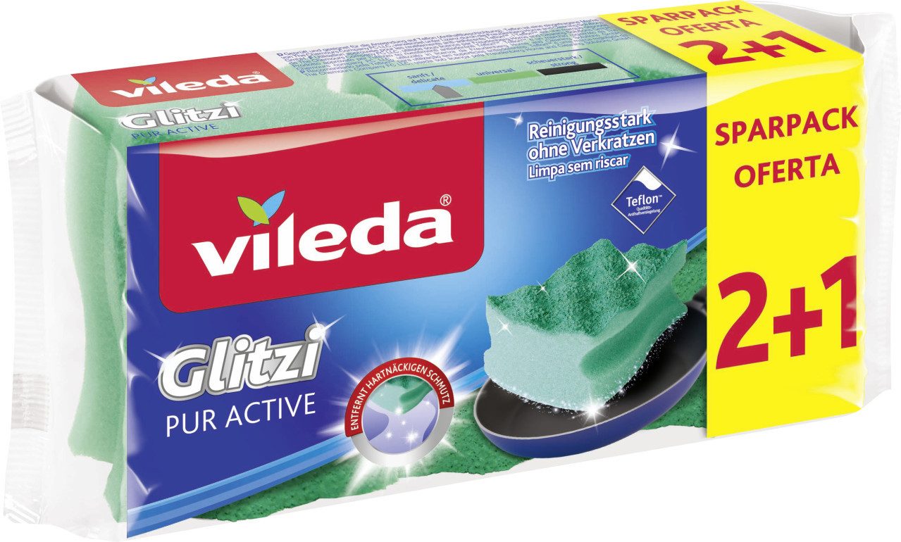 Vileda Geschirrschwamm Vileda Topfreiniger Glitzi Pur Active 2+1 3 Stück
