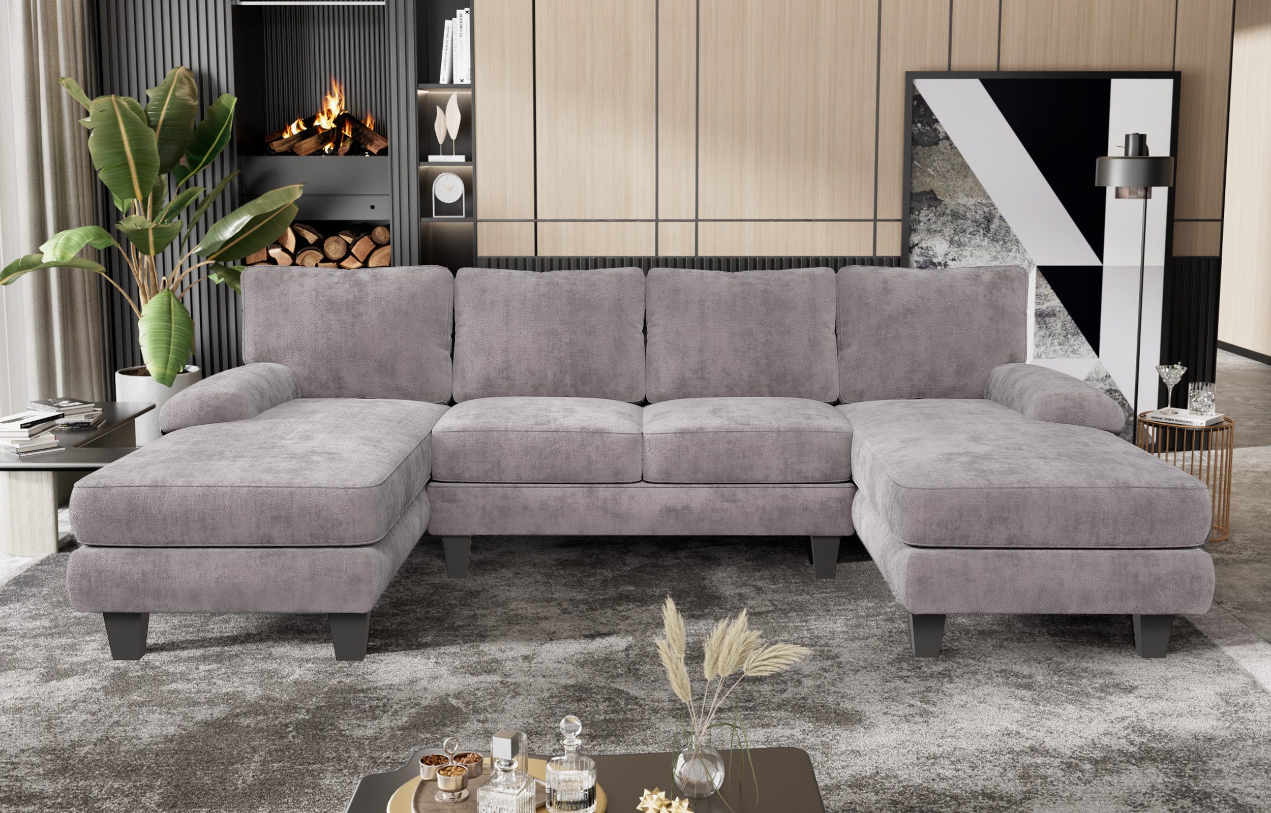 Ecksofa Großes U-förmiges Sofas hoch belastbar mit 4 Kissen 292cm*138cm*86cm