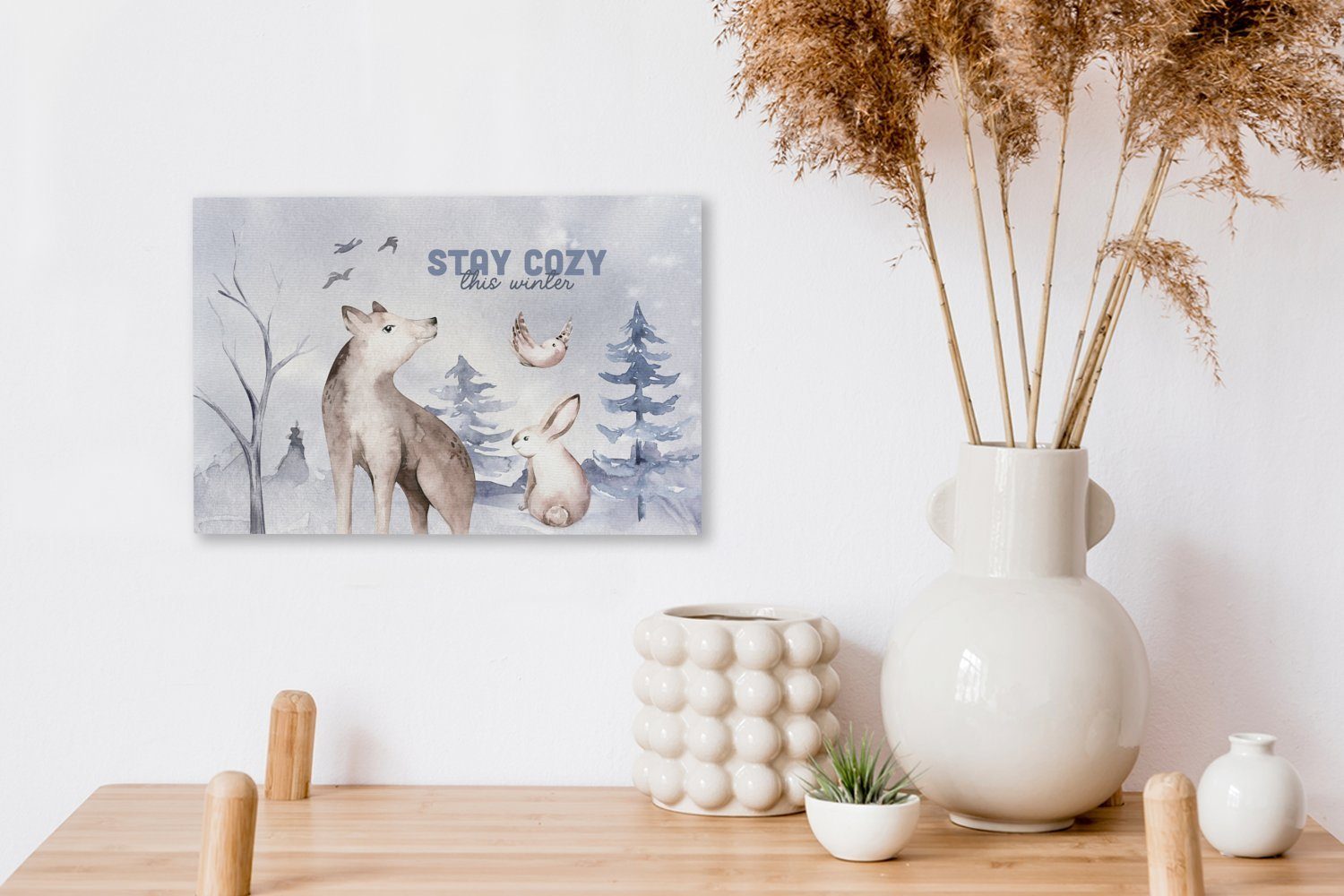 Winter Wandbild OneMillionCanvasses® - Kaninchen, Wolf - 30x20 cm - Leinwandbilder, St), Vogel (1 Wanddeko, Aufhängefertig, Leinwandbild