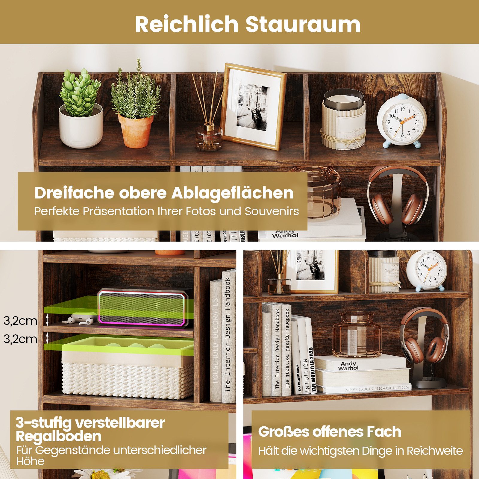 COSTWAY Regal-Schreibtisch, Aufsatzregal mit 6 Ablagen, Holz 94x24x85cm