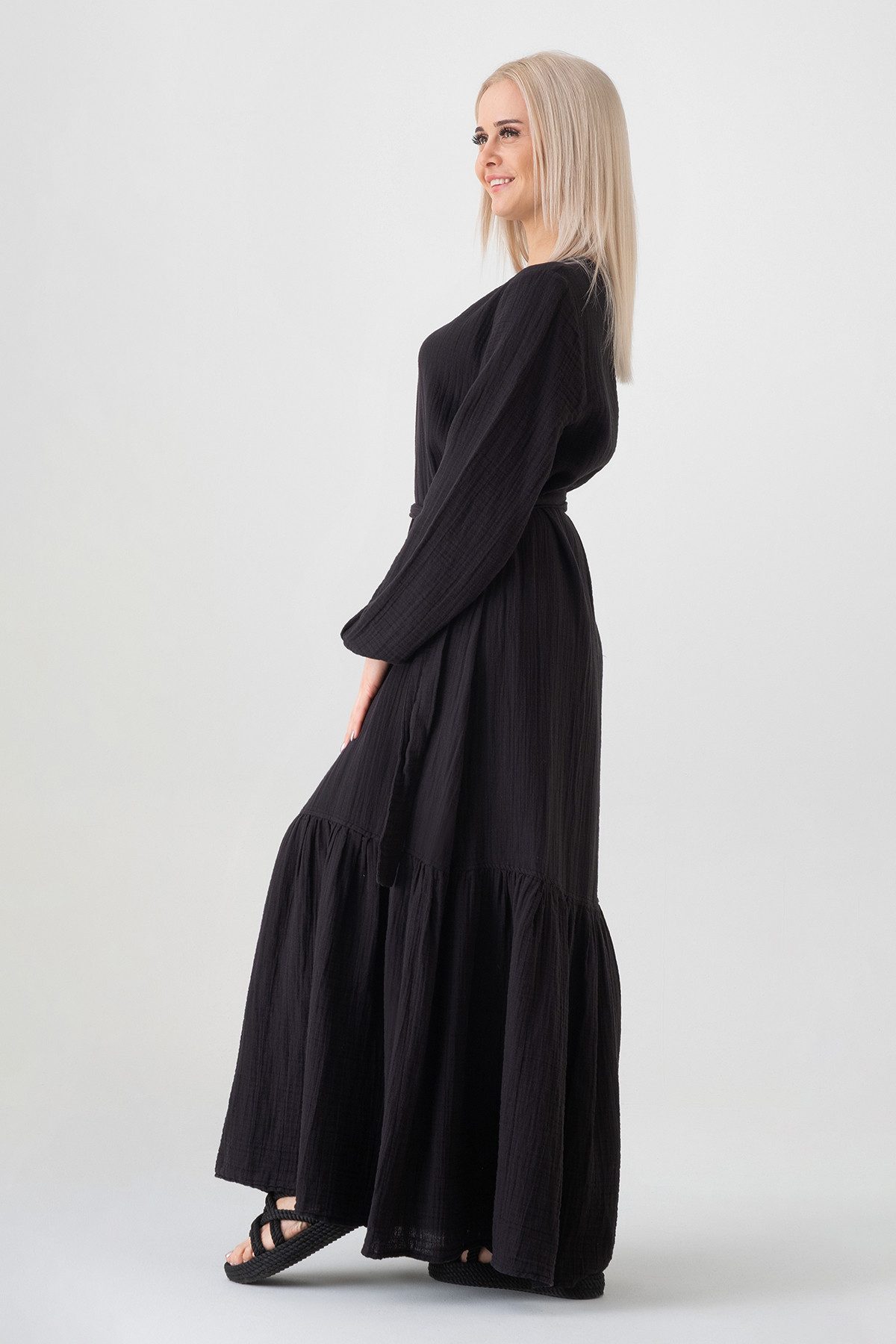 WENOR Sommerkleid Musselin-Kleid, 100 % Baumwolle, Volantsaum, Gürtel, Gr. 36–50 mit Volantsaum und Bindegürtel