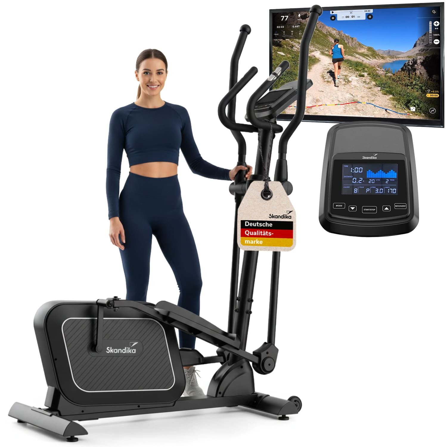 Skandika Crosstrainer für Zuhause Fint P8-R, Heimtrainer leise, 32 Stufen, 22 Programme, bis 120 kg, Kinomap App kompatibel, 8 kg Schwungmasse, 22 Programme