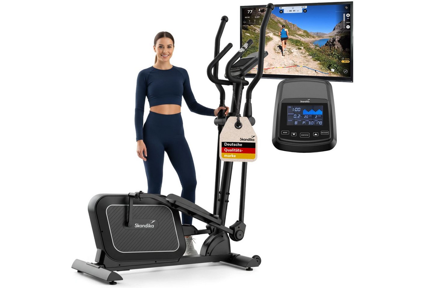 Skandika Crosstrainer für Zuhause Fint P8-R, Heimtrainer leise, 32 Stufen, 22 Programme (Transportrollen, Tablet-Halterung, Display-Anzeige), bis 120 kg, Kinomap App, 8 kg Schwungmasse, Handpulssensoren