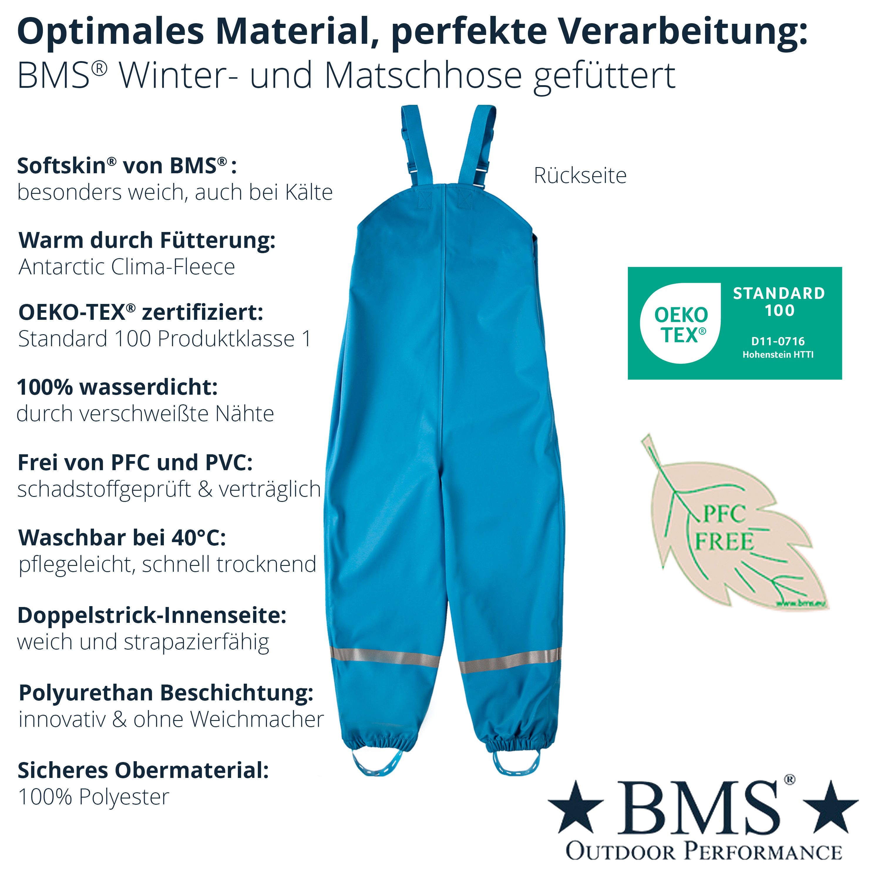 BMS Schneelatzhose Thermo Buddelhose mit Fleece Futter 100% wasserdicht & pflegeleicht