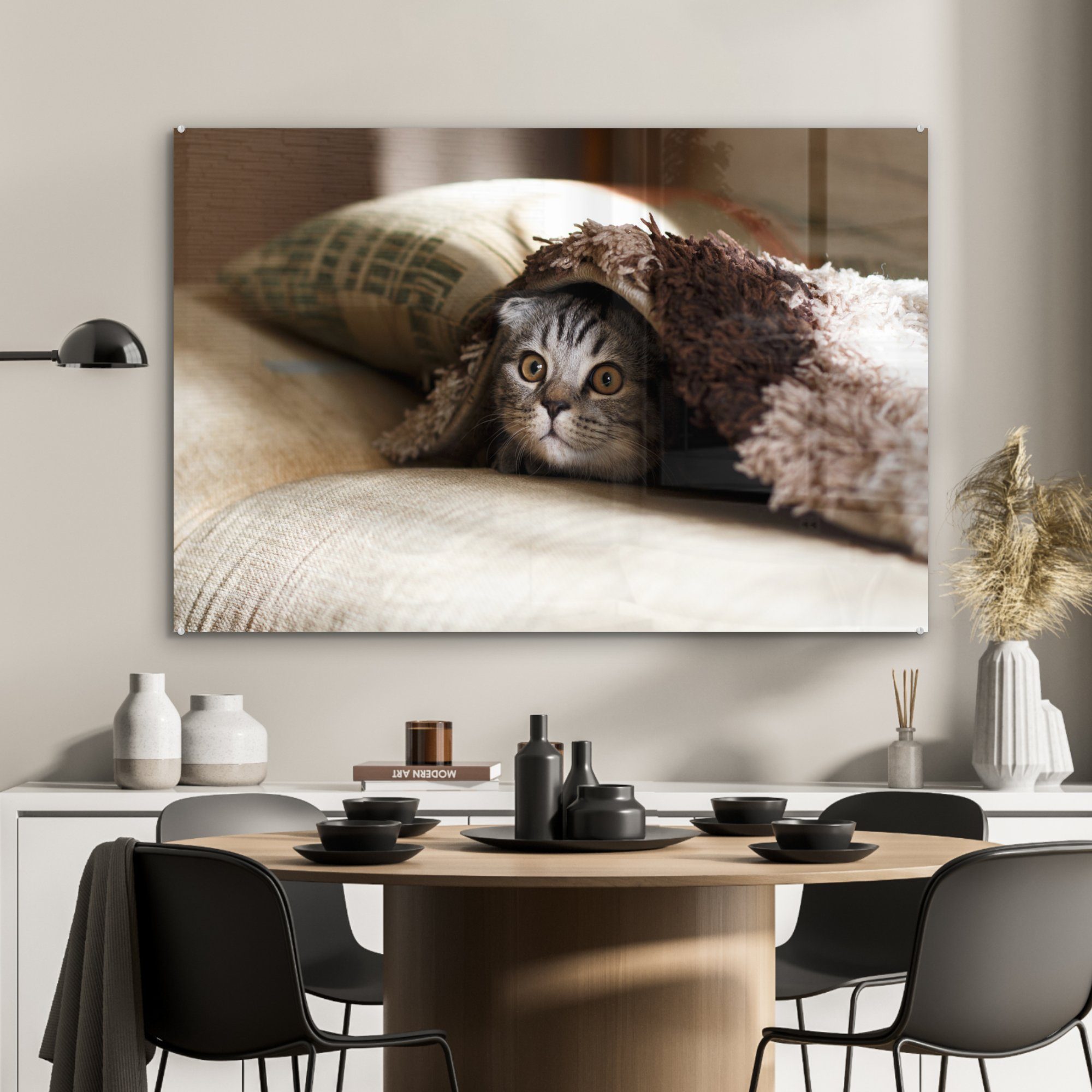 Acrylglasbilder - Acrylglasbild Katze Bank, (1 Decke - Wohnzimmer & St), MuchoWow Schlafzimmer