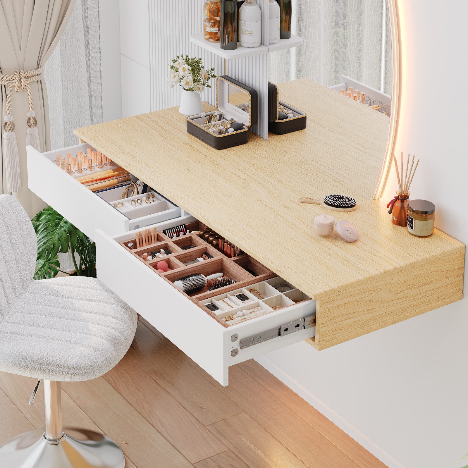 HOMALL Schminktisch Hängender Schminktisch mit LED-Beleuchtung (Maße: 106 × 40 × 143 cm, mit 3 offenen Ablagefächern, 2 Schubladen und drei einstellbaren Farbte – Bild 5 von 5