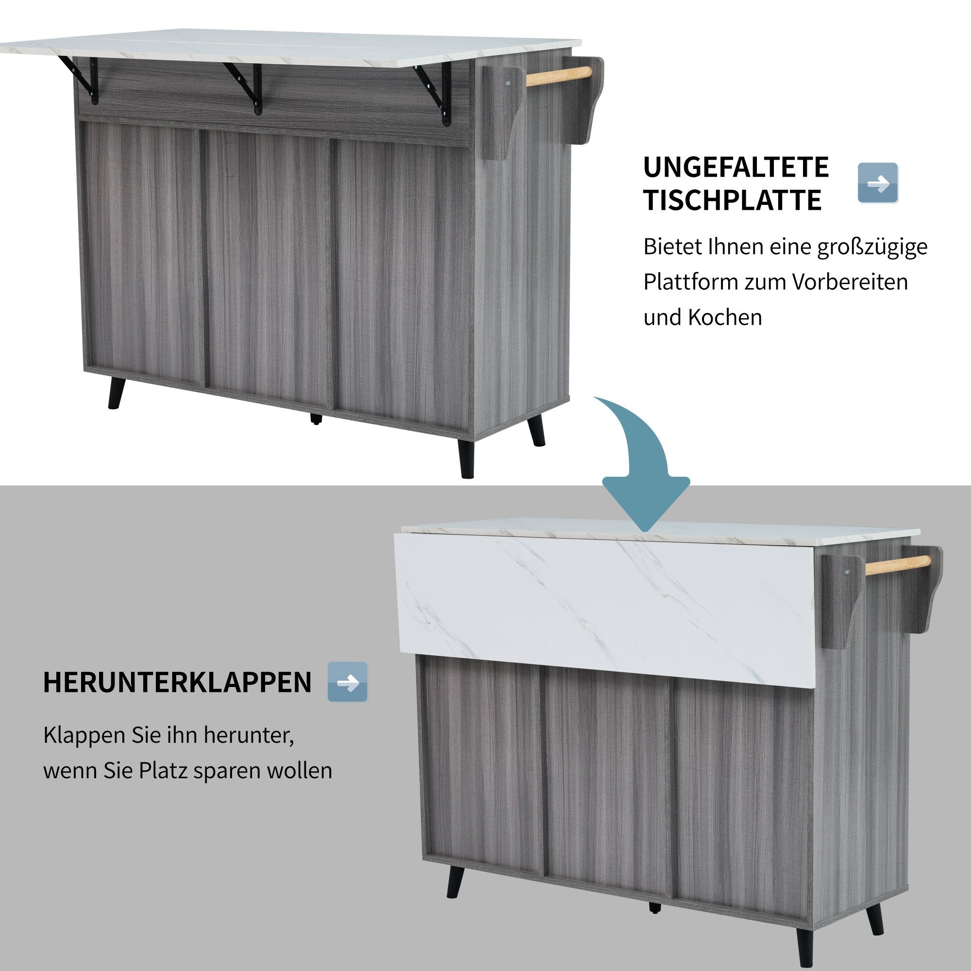 Flieks Küchenwagen mit erweiterbarer Arbeitsplatte (Rollen/Massivholzbeine austauschbar), (1 St., Rollen/Massivholzbeine austauschbar), Kücheninsel mit Schublad – Bild 4 von 5