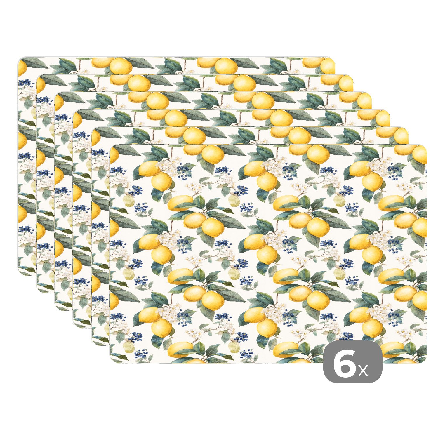 MuchoWow Platzset Frans - Citroen - Citrus - Bloesem - Geel - Groen - Blauw, (6-St), Platzsets, Tischset, Abwaschbar, Tischsets, Platzdeckchen