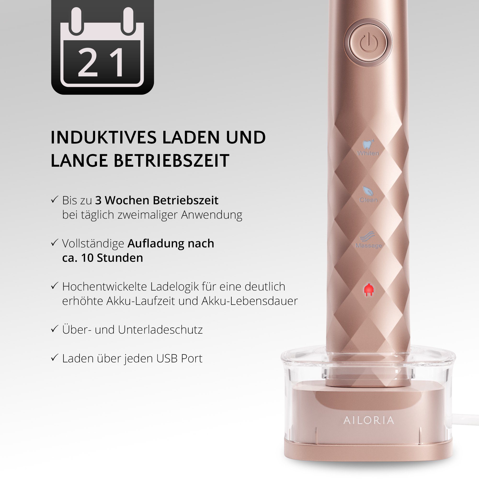 AILORIA Schallzahnbürste SHINE BRIGHT USB-Schallzahnbürste Limited Edition, Aufsteckbürsten: 2 St., Dynamische Reinigungswirkung