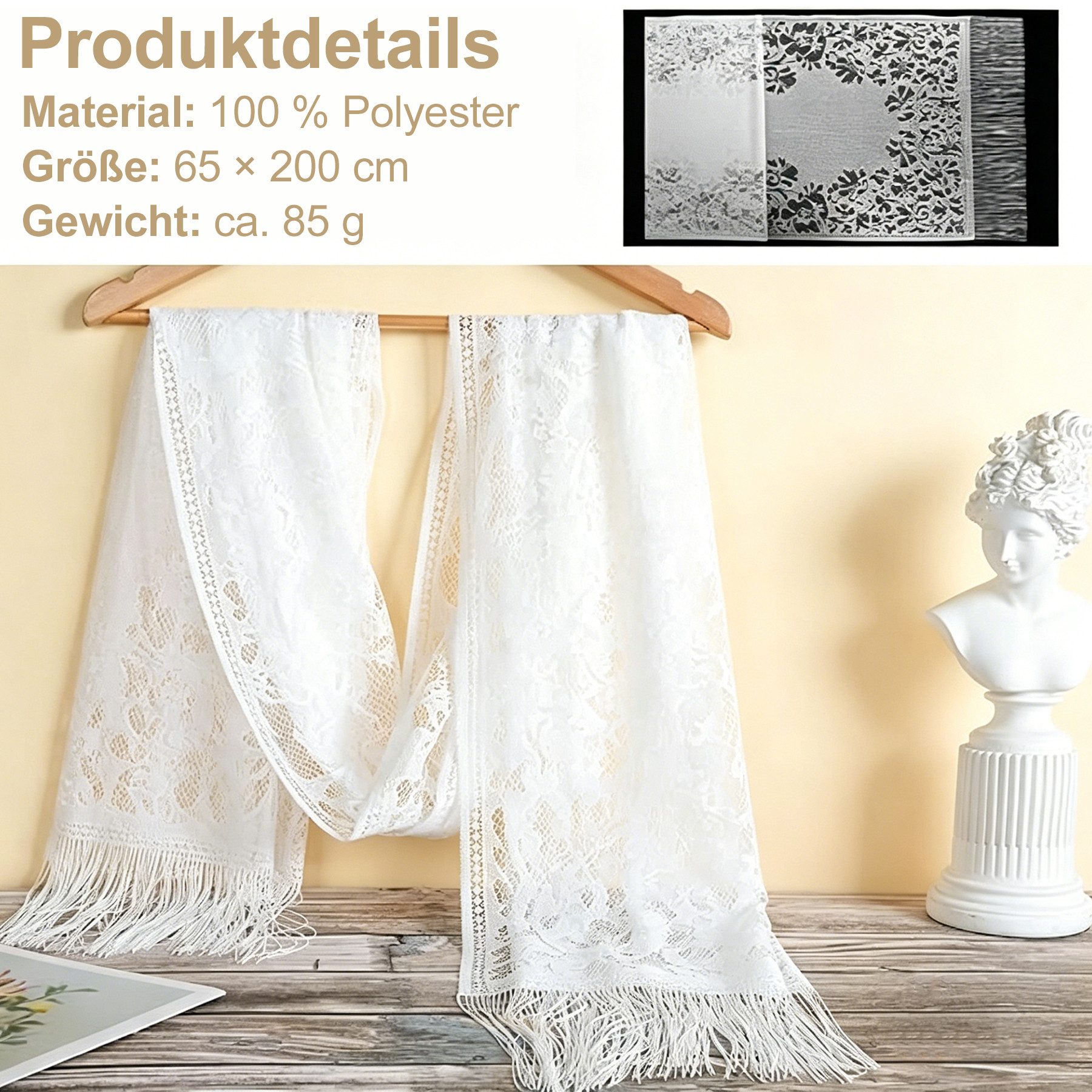 Mutig Modeschal Modeschal Spitze Stola für Damen, weiches Lace Schultertuch Scha, (Festlicher Spitzenschal mit Quasten, elegantes Umschlagtuch, leichtes Schultertuch, Soft Chiffontuch, 185× 65 cm), Für Sommer Abendkleid Schal Abend Party Mesh Hochzeit Schals