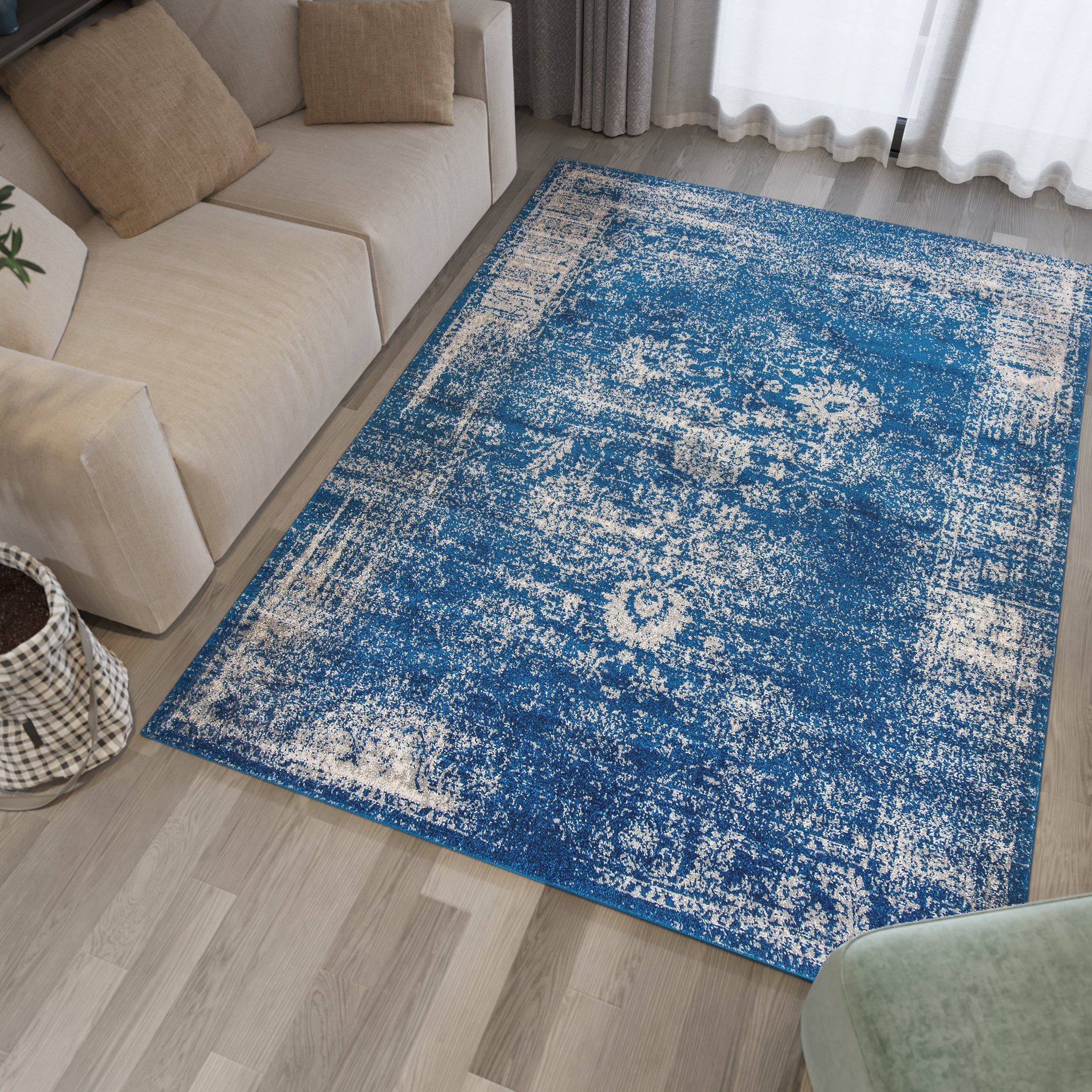 Designteppich Vintage Teppich für Wohnzimmer - Vintage Look - Blau, Mazovia, 80 x 200 cm, Vintage, Höhe 8 mm, Kurzflor - niedrige Florhöhe Blau / H183A