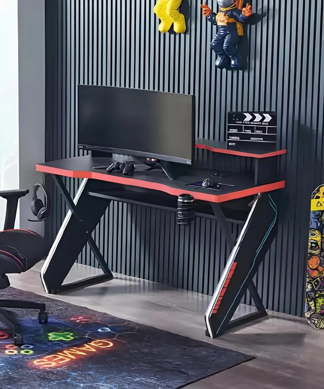 JVmoebel Computertisch Schwarzer Gamer Schreibtisch aus Holz mit Ablagefläche, Made in Europa