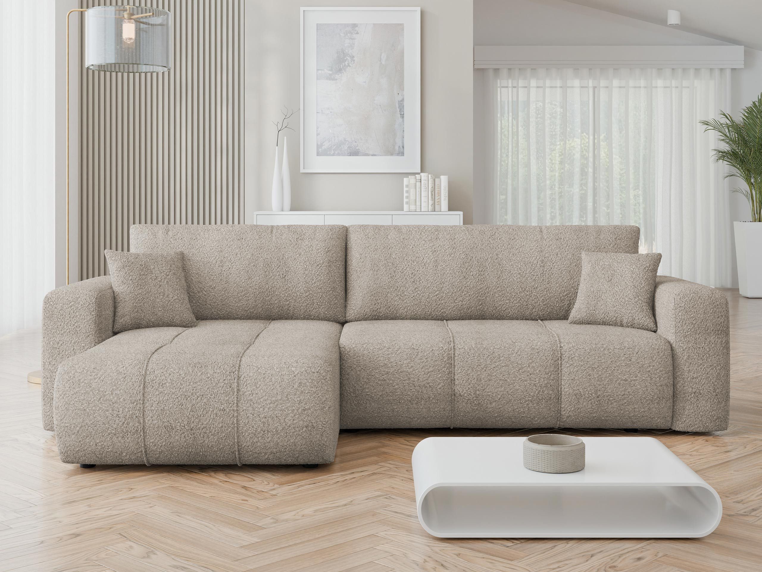 MIRJAN24 Ecksofa Fetrinu Maxi Boucle, mit Schlaffunktion und Bettkasten, 274x145x82 cm, zwei Dekokissen