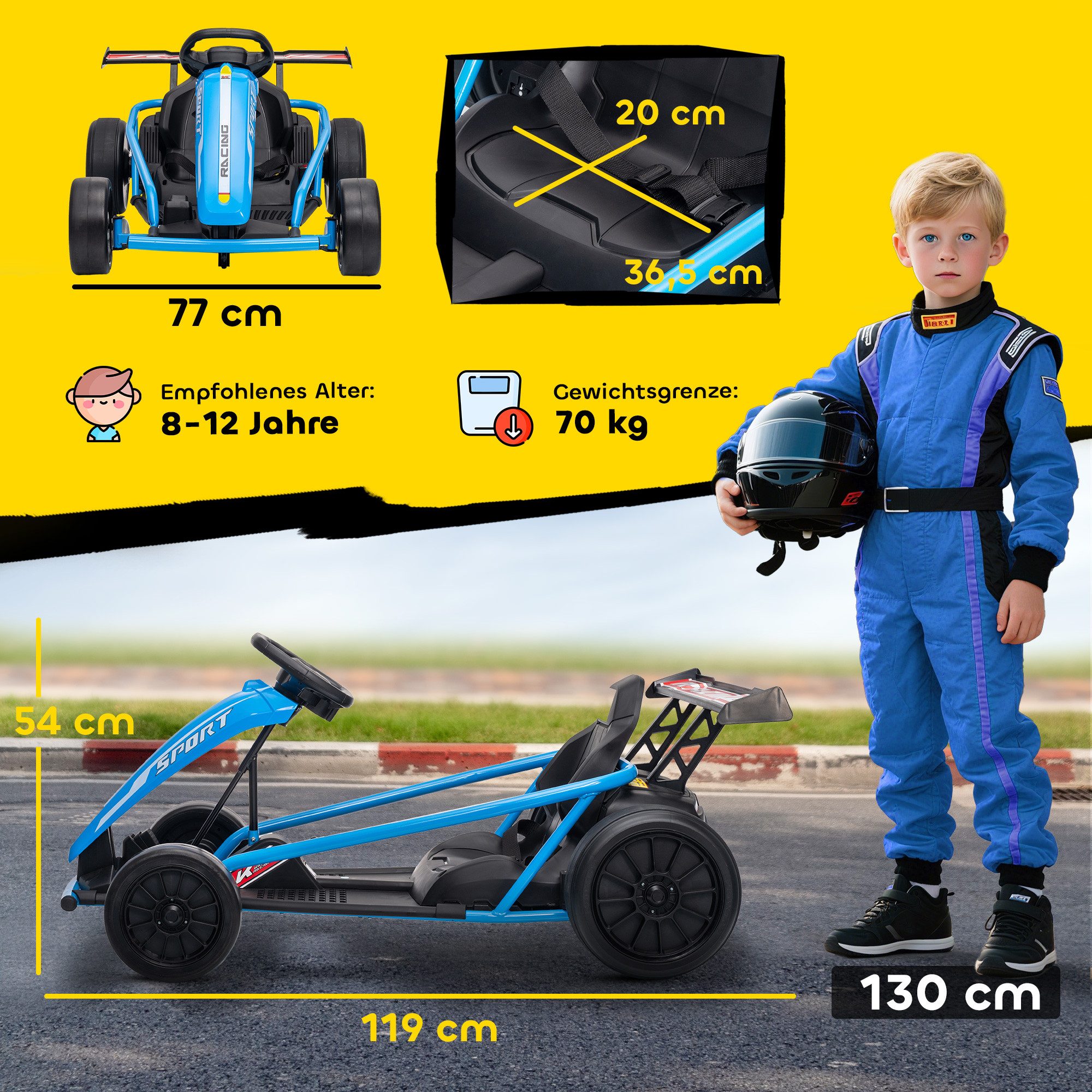 AIYAPLAY Elektro-Kinderauto Kinder Elektro Gokart 24V 6-13km/h Drift Kart mit 2 Motorn, Belastbarkeit 70 kg, (1-tlg), für 8-12 Jahre Kinder, Blau