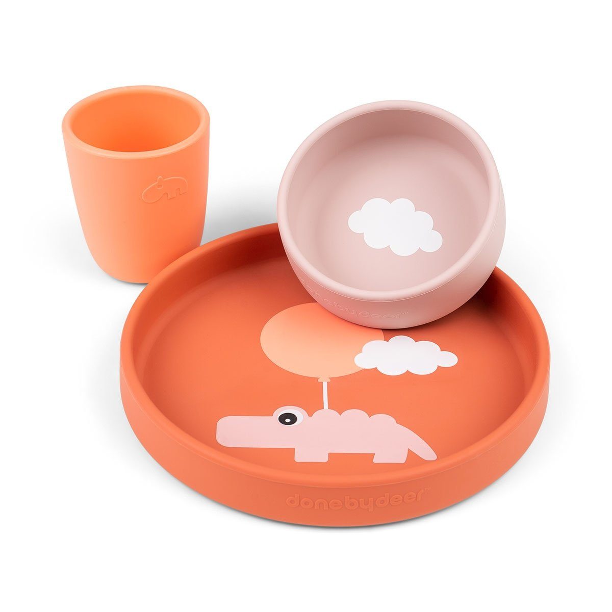 Done by Deer Kindergeschirr-Set Kindergeschirrset Happy Clouds orange  Teller Becher Schale Silikon, spülmaschinengeeignet, mikrowellengeeignet