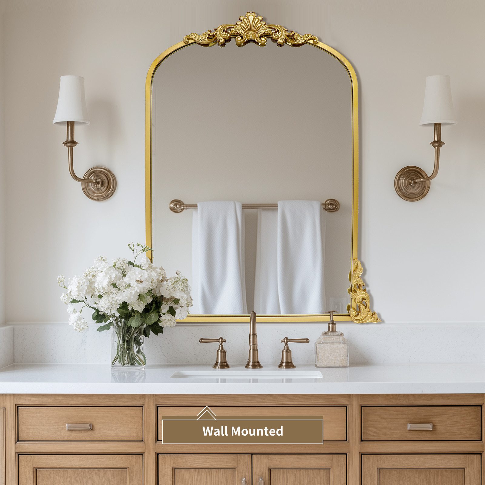 G-LEAF Wandspiegel Bogen-Wandspiegel, antiker Spiegel im Barockstil (1-St), ideal für Kamin, Badezimmer, Eingangsbereich, 90×60cm