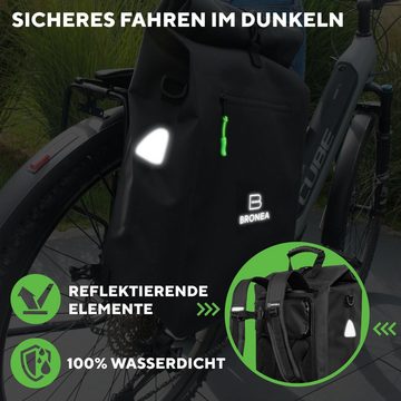 Bronea Fahrradtasche 3in1 Wasserdicht - 28L - SCHWARZ - Kombi Rucksack & Umhängetasche (Schnellmontage an Gepäckträger, Integrierte Laptoptasche), PVC-frei - Reflektierende Elemente - Gepolsterte Rückwand