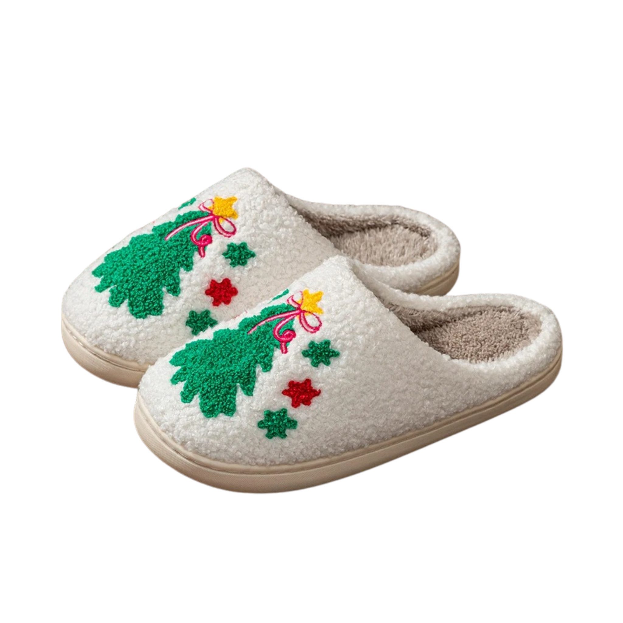 NEXORA Flauschige Damen Hausschuhe mit Weihnachtsbaum-Stickerei – kuschelig Plüsch Hausschuhe (Paar) kuschelige Hausschuhe mit weichem Innenfutter & weihnachtlichem Motiv