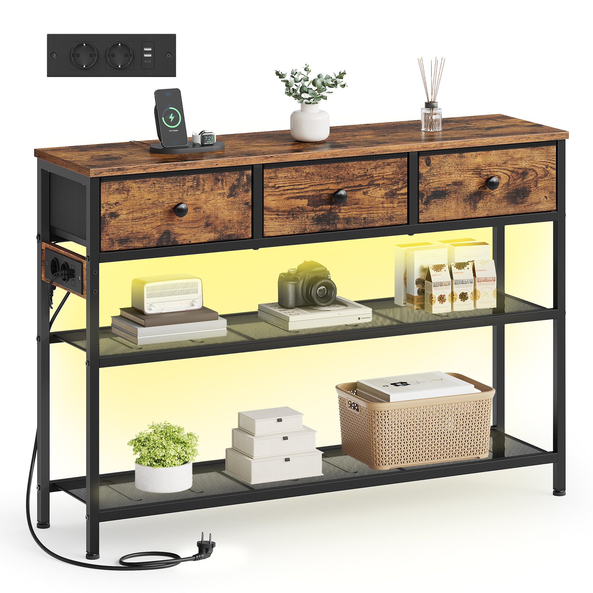 SONGMICS Konsolentisch Beistelltisch mit 2 Gitterablagen, Wohnzimmer, Eingangsbereich, Flur, mit Steckdose, Flur oder Wohnzimmer, 3 Schubladen, 30 x 98,8 x 78,7 cm