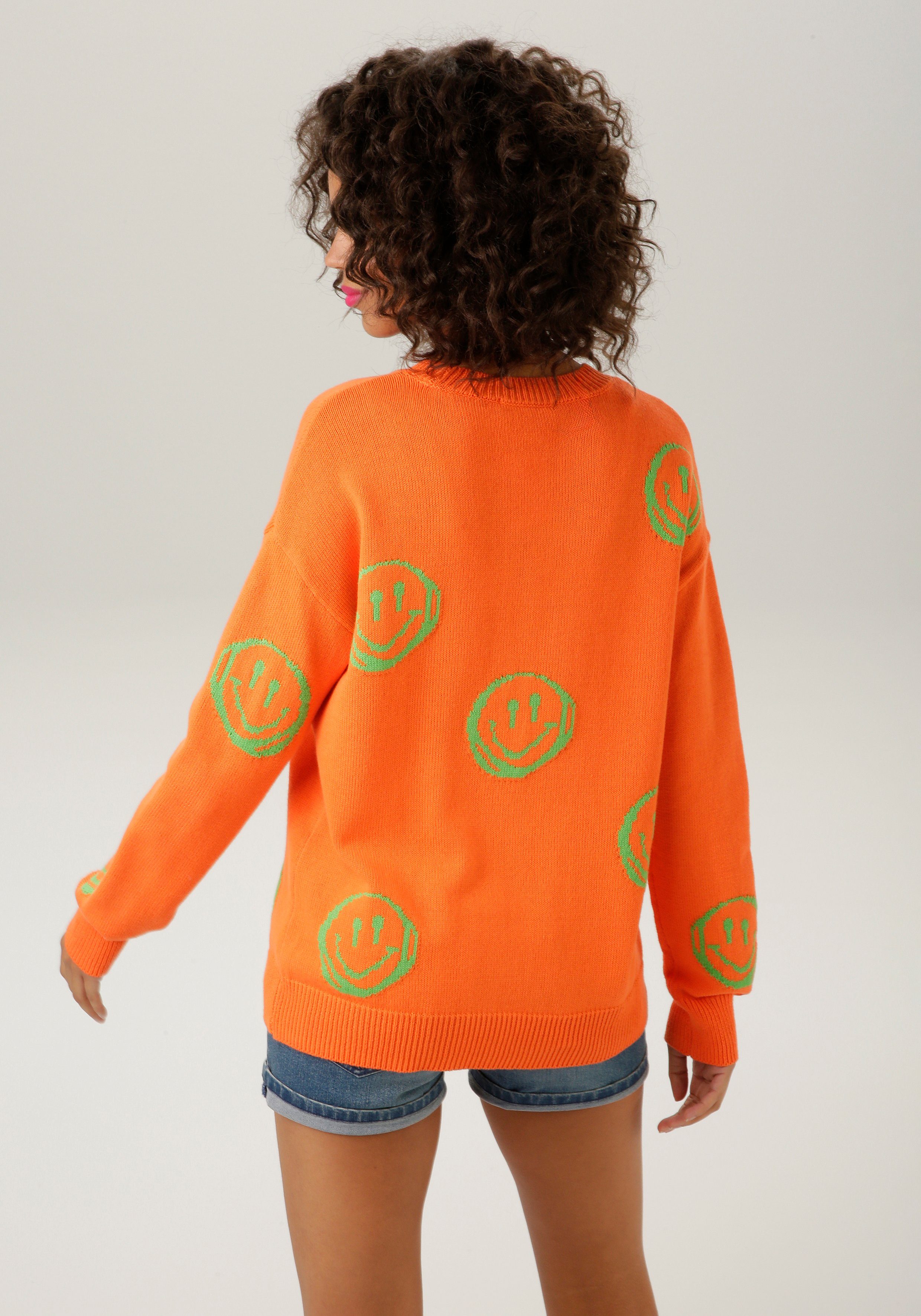 orange-apfelgrün mit - Smileys CASUAL eingestrickten Aniston KOLLEKTION Strickpullover NEUE