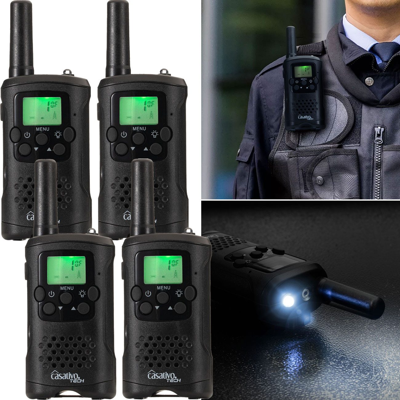 Casativo Funkgerät Walkie Talkie PMR-Funkgerät VOX&Taschenlampe 10km-Reichweite 8 Kanäle, (4-St), Sprachübertragung auf Knopfdruck (Push-to-Talk), LED-Taschenlampe
