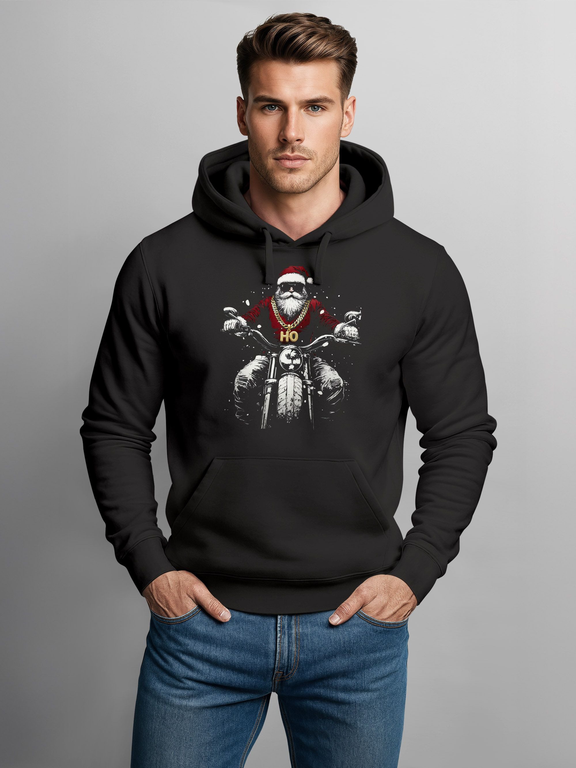 Neverless Hoodie Hoodie Herren Weihnachten Print Aufdruck Santa Biker Motor günstig online kaufen