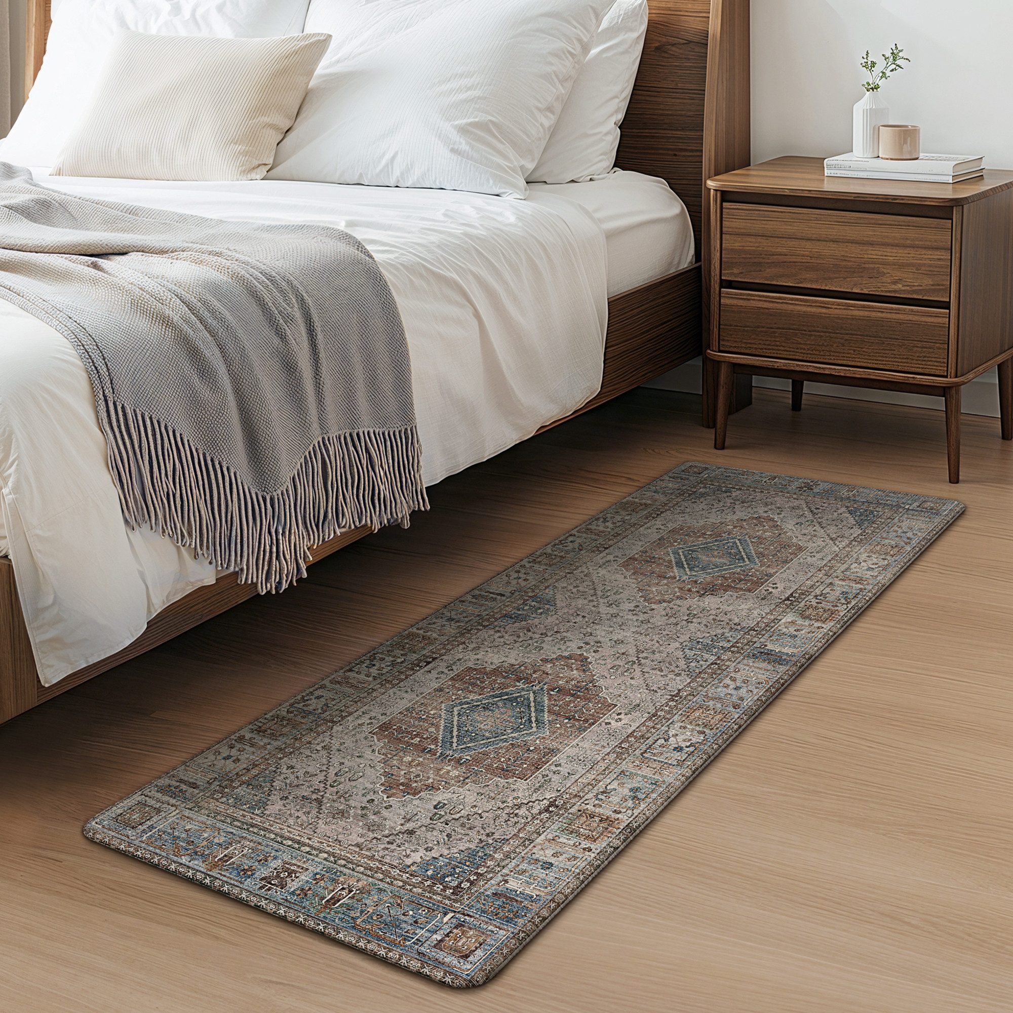 GENIMO Teppich Wohnzimmer Teppich, Boho Vintage, waschbar, rutschfest, Kurzflor, rechteckig, 160x230cm, grau