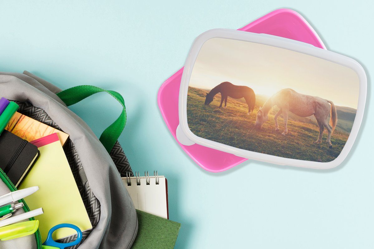 Mädchen, Pferde MuchoWow Brotbox Kunststoff Sonne für Brotdose Snackbox, (2-tlg), rosa Lunchbox Erwachsene, - - Kunststoff, Tiere, Kinder,