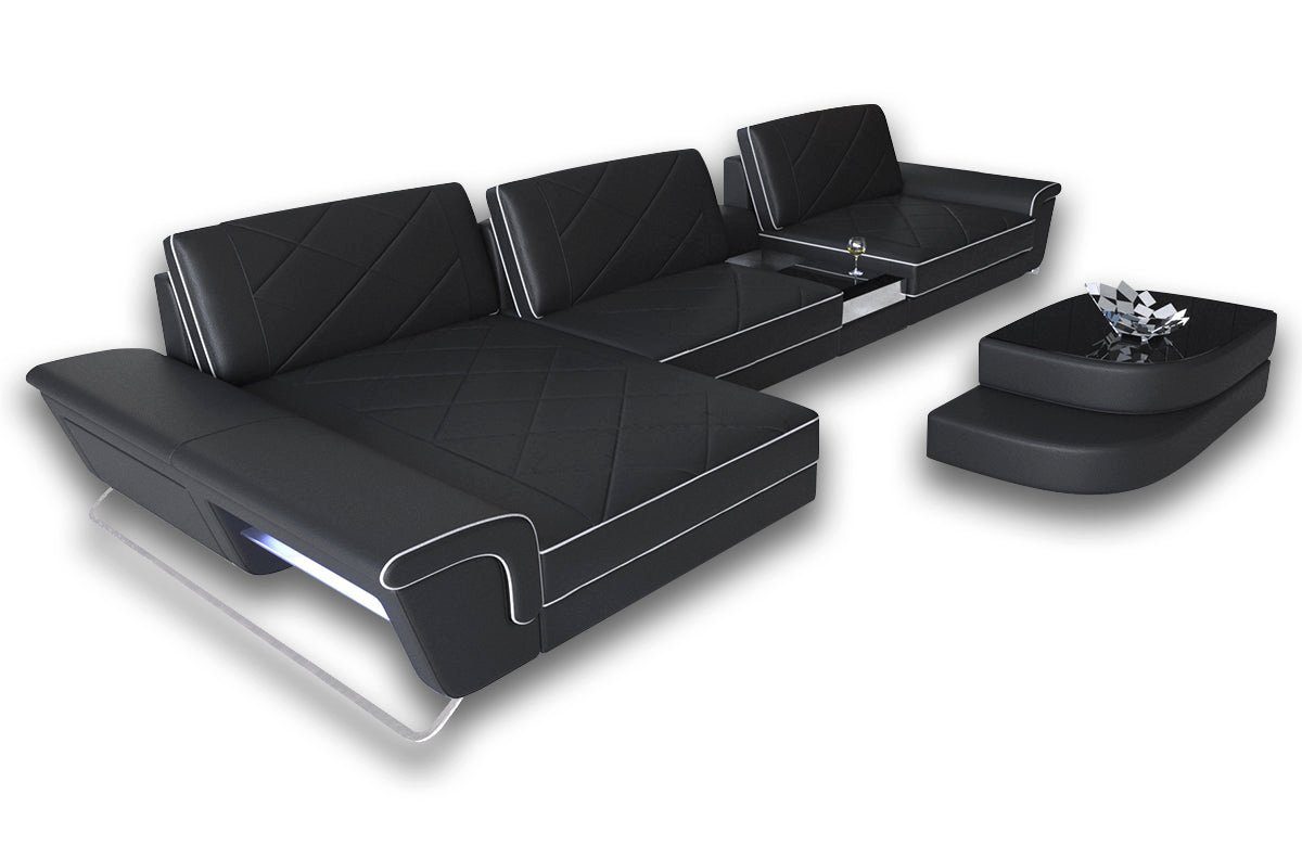 L Polster Stoffsofa Stauraum, Couch H5 Stoff Grau-Weiss Dreams Form Ecksofa Stauraum, Designersofa USB_Anschluss, Sofa Bari mit LED, Sofa,