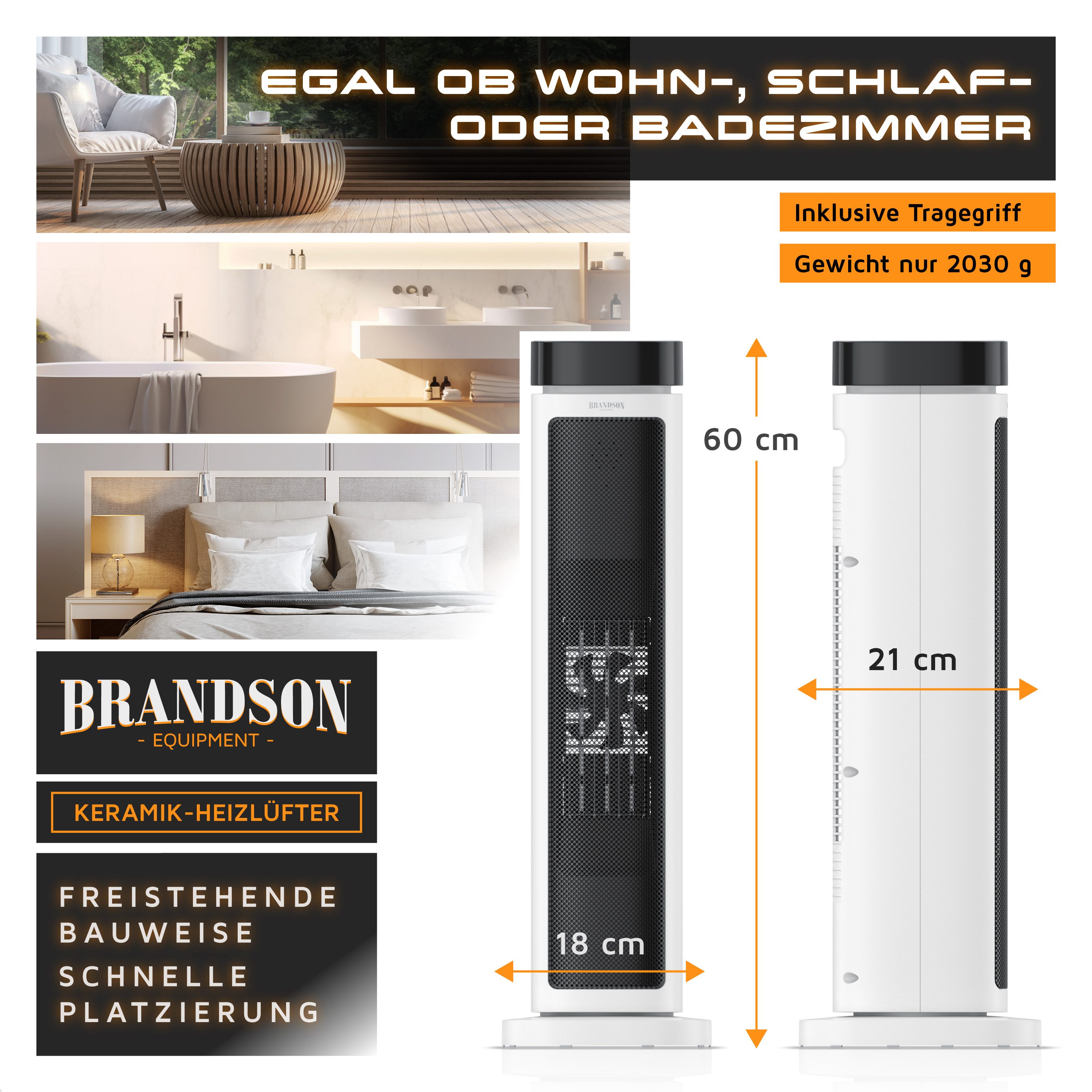 Brandson Heizlüfter Turm-Keramikheizlüfter 2000 W, ECO-Modus, 12h-Timer, Fernbedienung, 2000 W, Badezimmer, Thermostat, ECO-Modus, Oszillation, Kippschutz – Bild 4 von 5
