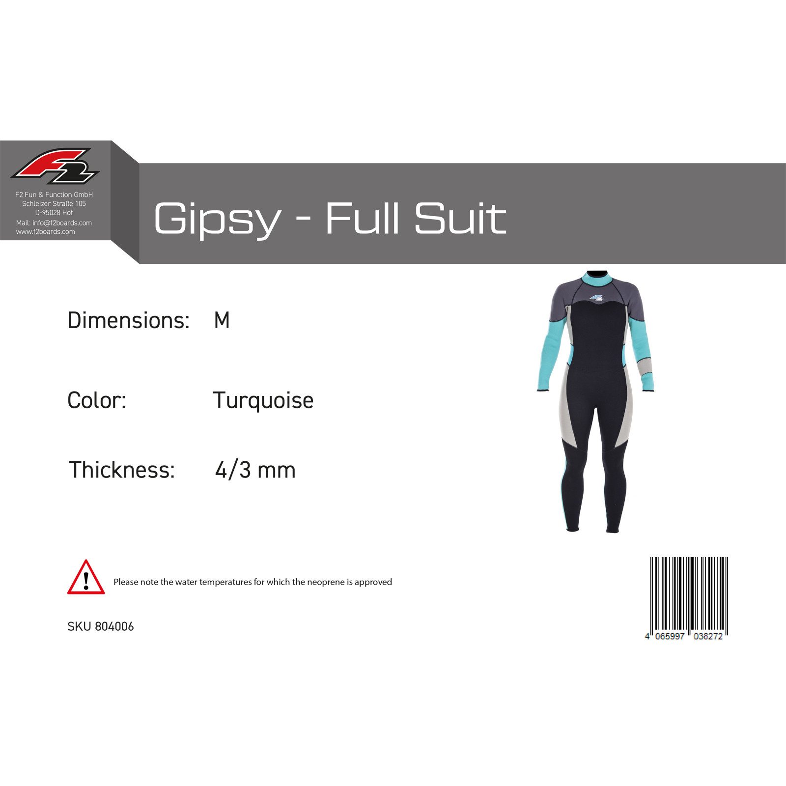F2 Neoprenanzug F2 Damen Neopren Anzug Gipsy - Full Suit 4/3 mm M Türkis
