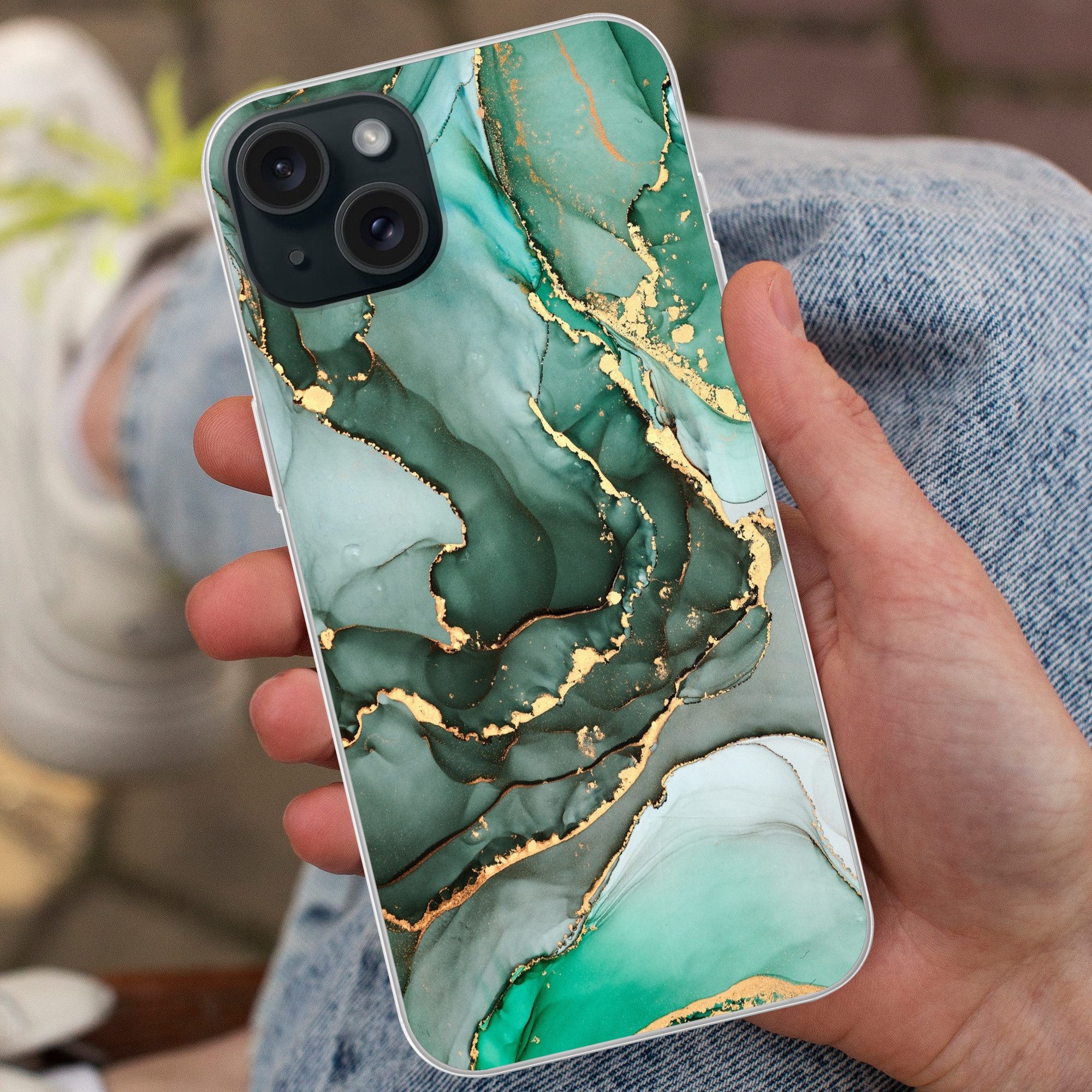 MuchoWow Handyhülle für Apple iPhone 15 Plus Gold - Marmor - Grün - Luxus - Marmoroptik -, Smartphone-Bumper, Print, Handy Schutzhülle Dünn
