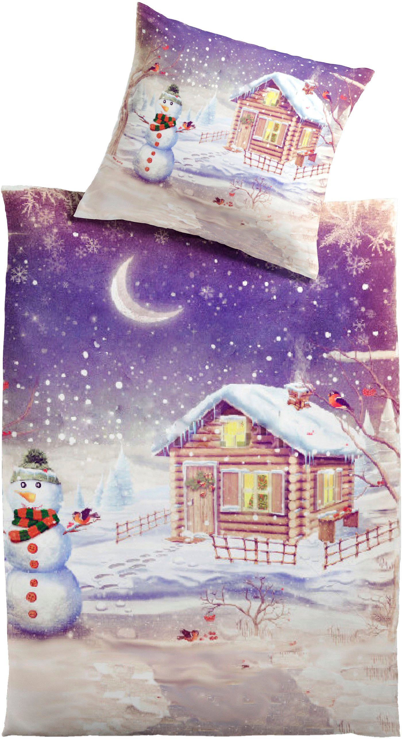 MESANA Bettwäsche Schneemann, Polyester, 2 teilig, aus Mikrofaser Plüsch, Motiv Weihnachten, weich & kuschelig