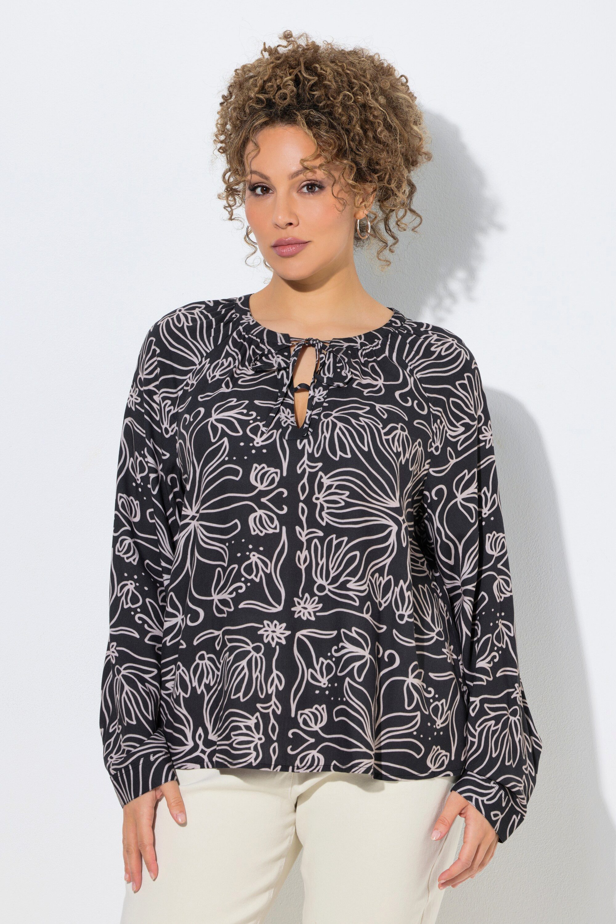 Ulla Popken Longbluse Bluse Blüten Schnürung Tunika-Ausschnitt Langarm