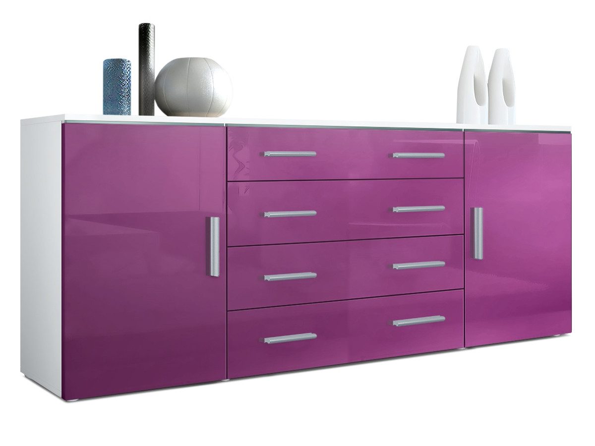 Vladon Sideboard Verona V2 (Kommode, mit 2 Türen und 4 Schubladen), Weiß matt/Brombeer Hochglanz (166 x 72 x 35)
