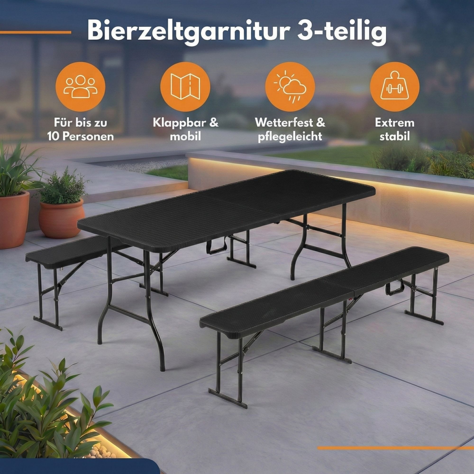 Albatros International Bierzeltgarnitur Albatros Bierzeltgarnitur Rattan – robuste Biertischgarnitur, (für bis zu 10 Personen), Klappbar und hohe Tragkraft – Set aus 2x Bierbank und 1x Biertisch
