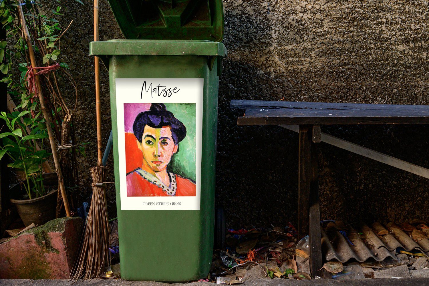 Matisse Grüner Mülleimer-aufkleber, - Streifen MuchoWow Mülltonne, Container, Kunst Sticker, Wandsticker St), (1 - (1905) Abfalbehälter
