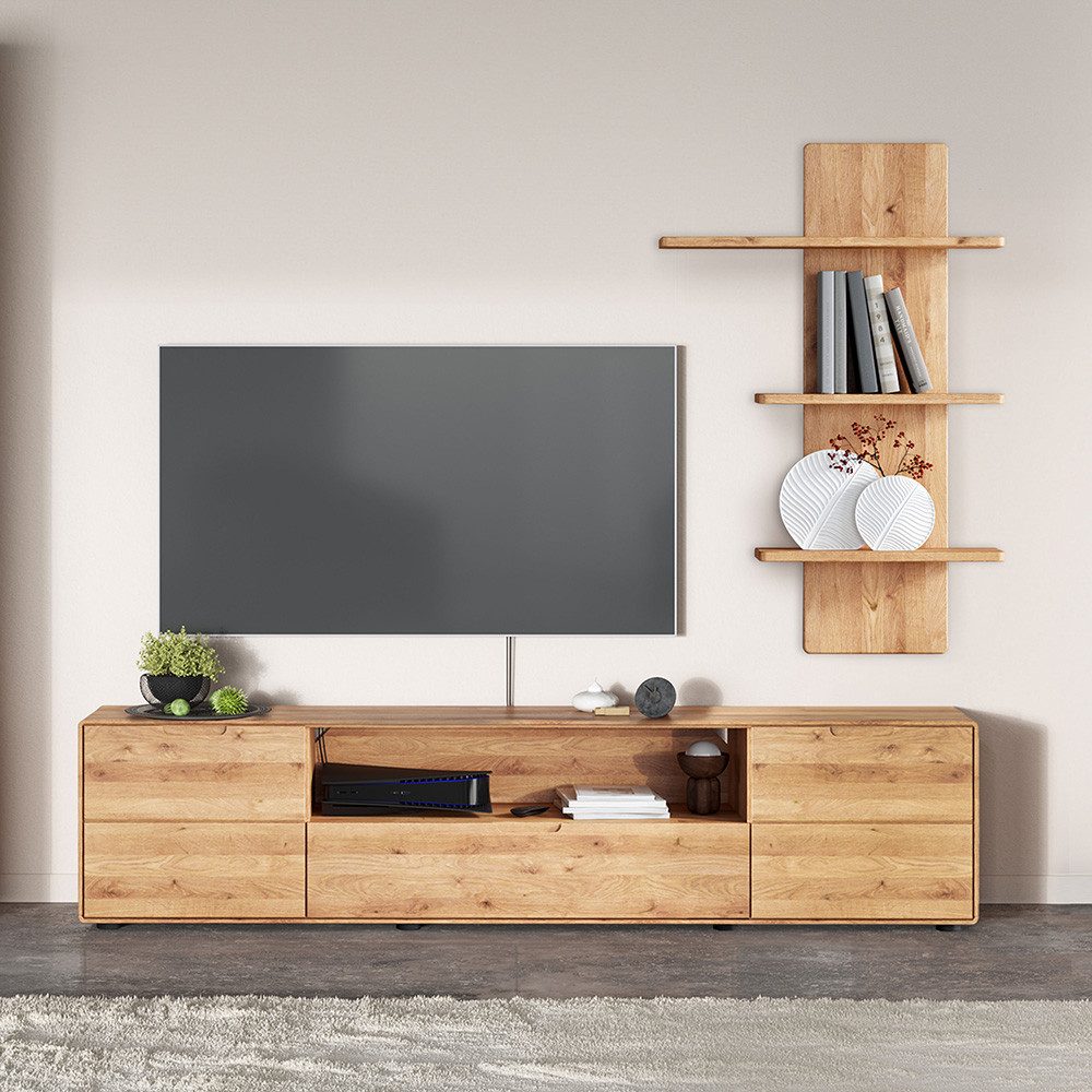 Lomadox Wohnzimmer-Set WISLA-69, (Mega-Spar-Set, 2-St., Lowboard Wandregal), Eiche massiv, Griffeinfräsung, Softclose, montiert