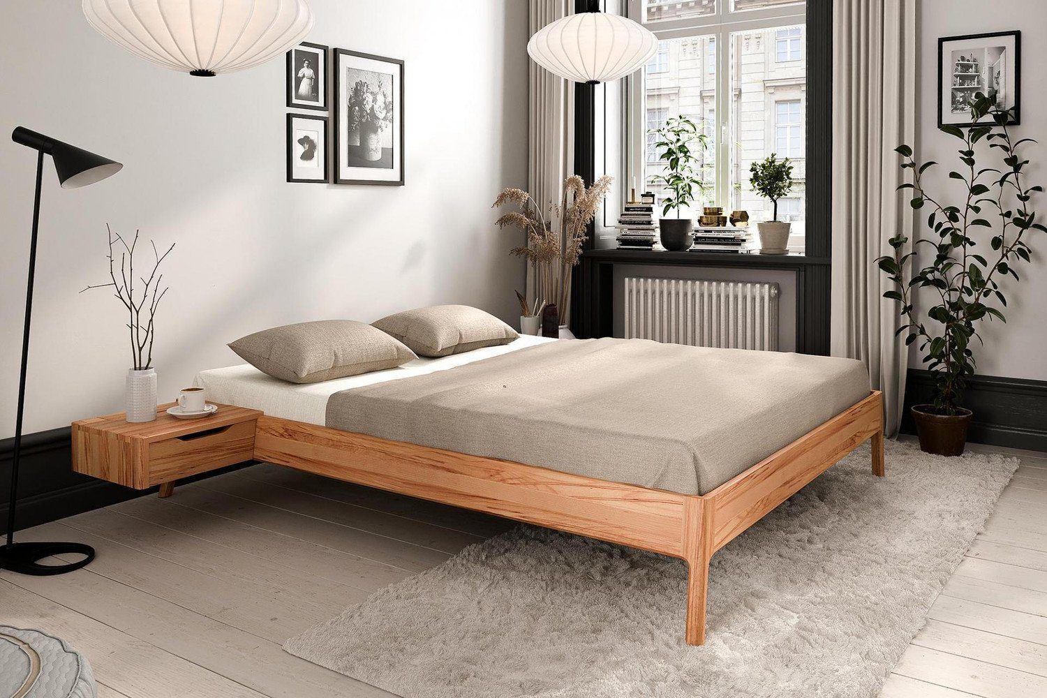 Natur24 Bett Bett Swig 3 Sonderlänge 180x190 Kernbuche ohne Kopfteil mit  Holzbeinen