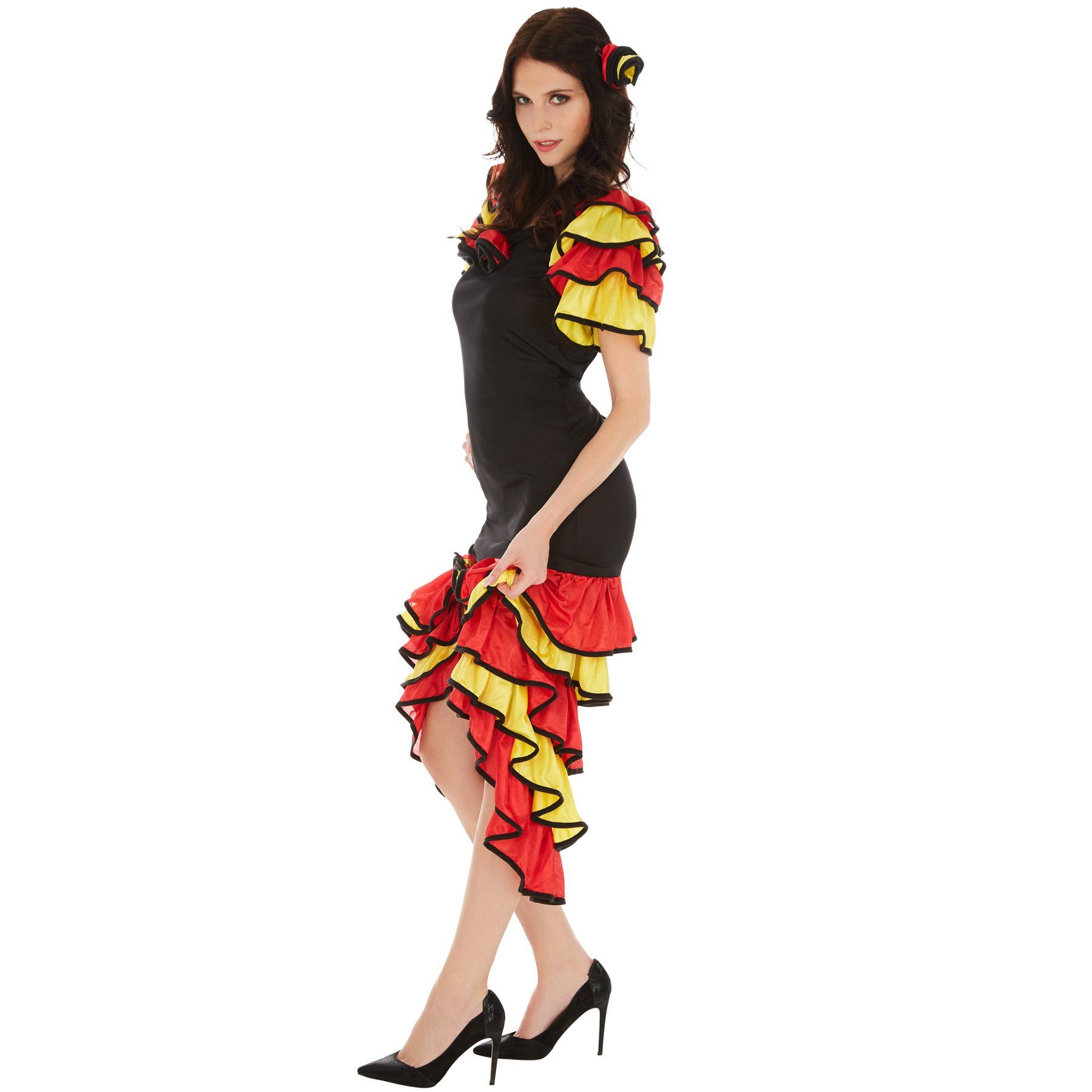 dressforfun Kostüm Revuedame/Bühnentänzerin, in rot, Konfektionsgröße M, Langes Kleid, Flamenco-Kostüm, Rüschen am Rocksaum, Schöner Haarkamm mit Blume